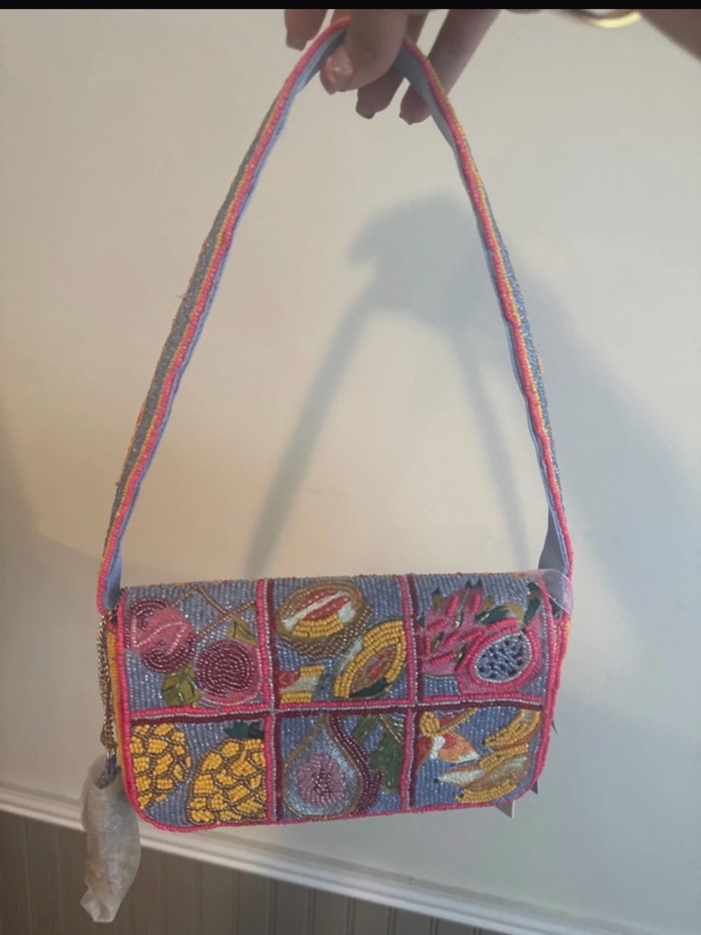 Beaded Tropical Patchwork Shoulder Bag - Pink & Blue